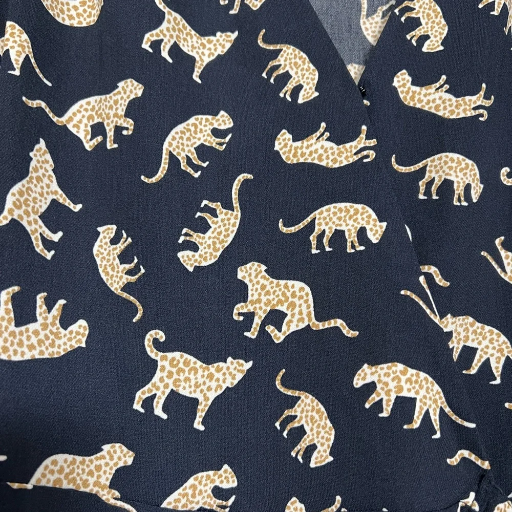 J Crew Factory Leopard Cheetah Wrap Dress Navy Blue Like New - Picture 3 of 6
